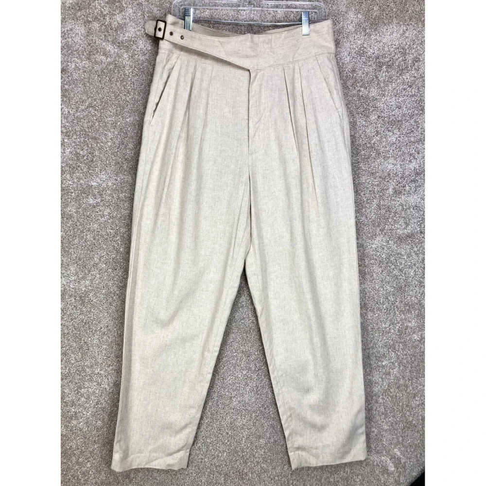 Banana Republic Linen Herringbone Pleated Pants Women 8 Beige Buckle Office Chic